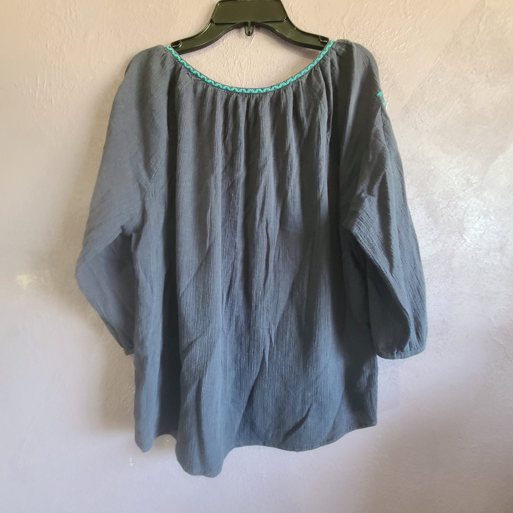 Sonoma Peasant Blouse Womens L Navy Blu Embroidered Crinkle Gauze 3/4 Sleeve Top - Picture 7 of 7
